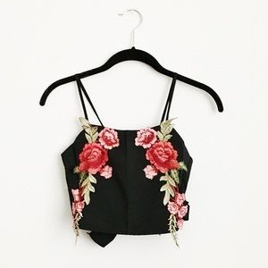 Black & Red Appliqué Rose Crop Top & Shorts Set